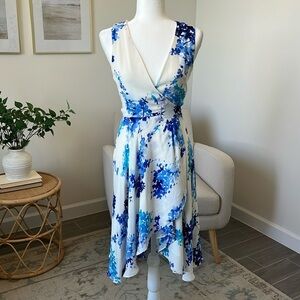 Lulus Paint Me a Picture Ivory Blue Watercolor Floral Garden Wrap Dress Small